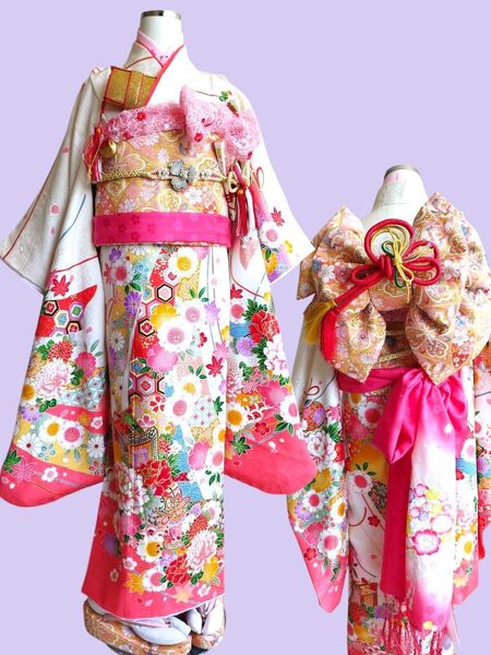 上級品☆正絹白地の着物に作り帯☆七五三フルセット