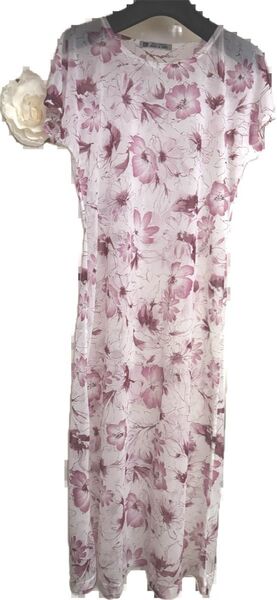 シースルー ワンピース 白 えんじ色の花 フレンチスリーブ M