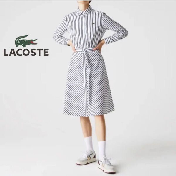 美品 LACOSTE ラコステ コットンポプリンストライプシャツドレス シャツワンピース