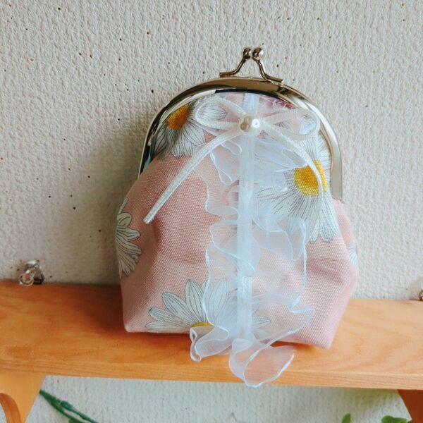 ハンドメイドがま口ポーチピンク花柄 がま口小物入れ