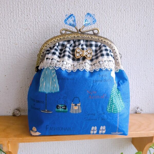 12.5㌢雫型がま口ポーチモード青 ハンドメイド がま口 小物入れ