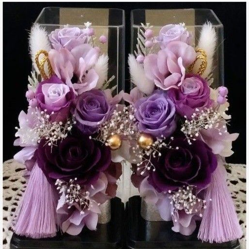 仏花 プリザーブドフラワーアレンジ クリアケース入り お供え花 1対 パープル 紫