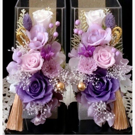 仏花 プリザーブドフラワーアレンジ クリアケース入り お供え花 1対 すみれパープル 小菊 紫