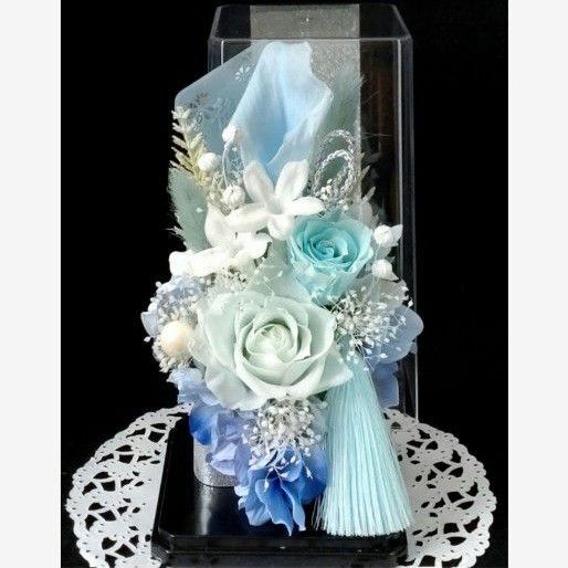 仏花 プリザーブドフラワーアレンジ クリアケース入り お供え花 1基 カラー 水色 ライトブルー