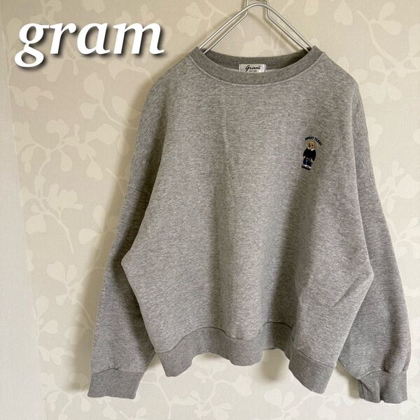gram 裏起毛ワンポイントくま刺繍トレーナー スウェット 長袖トップス プルオーバー ゆったり 韓国 グレー