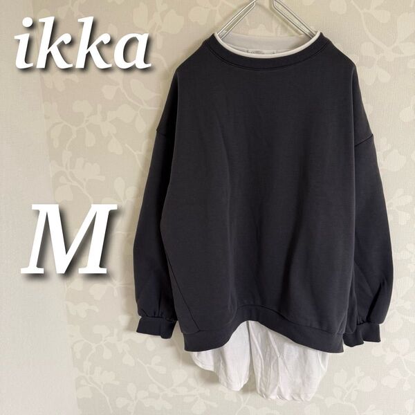 ikka レイアード風バックスリットスウェットトレーナー 裏起毛 長袖トップス プルオーバー M