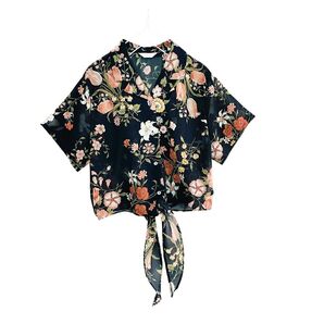 ヴィンテージ 総柄 花柄 開襟シャツ ブラウス 半袖 黒 M 日本製 レトロ