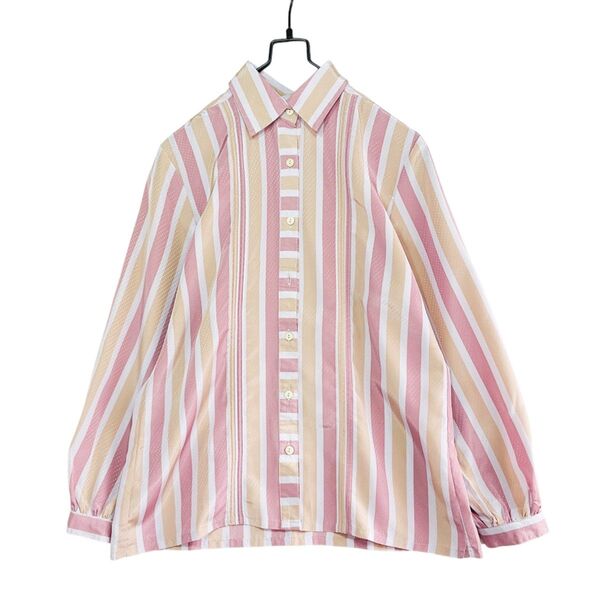 ヴィンテージ レトロ古着 総柄 ストライプ柄 シャツブラウス 長袖 L ピンク