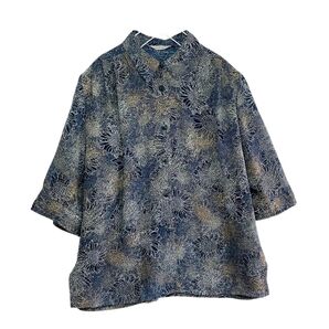 90s ヴィンテージ 総柄 花柄 シャツブラウス 五分袖 紺 レトロ