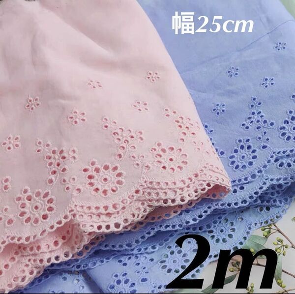 25cm幅 花柄 刺繍コットンレース 長さ2m ライトブルー スカラップ