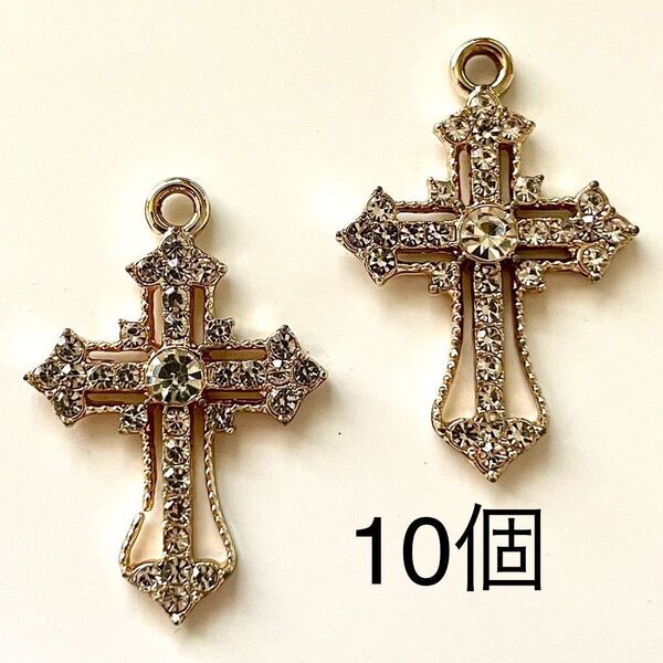 チャーム カン付き ラインストーン ゴールド 十字 10個 金属パーツ