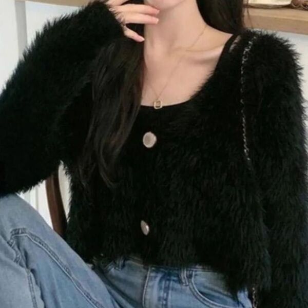 シャギーニット Vネッククロップド丈 カーディガン GRL ブラック ニット