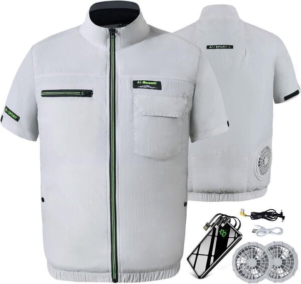 空調服 冷却服 ファン付き XL バッテリー 30000mAh グレー 半袖 空調作業服 空調ウェア 半袖 空調扇風服