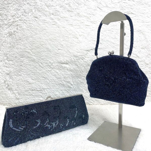 希少品 ブルー ビーズ クラッチバッグ ハンドバッグ がま口 2点セット ビーズバッグ 和装小物 ヴィンテージ 和装 昭和レトロ