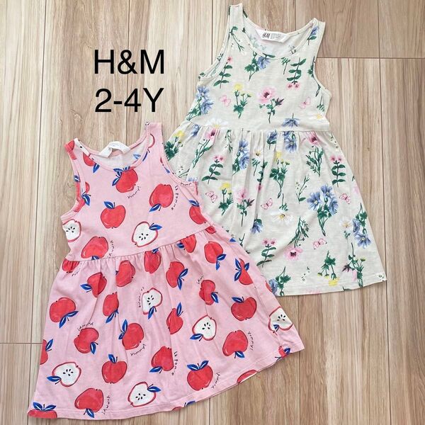 H&M ノースリーブ 花柄 りんご柄 ワンピース 女の子 90 95 タンクトップ スカート チュニック 袖無