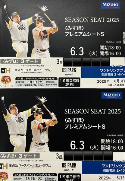 6月3日(火)ソフトバンクホークス みずほプレミアムシート ペア2枚