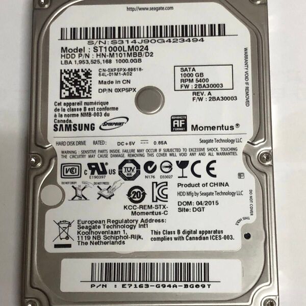 【中古品】SATA SAMSUNG 2.5”1TB HDD ST1000LM024