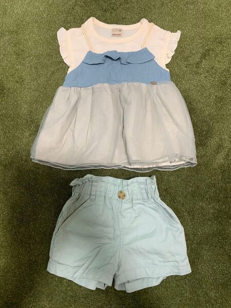 petit main プティマイン シャツ半袖 ハーフパンツ 80 上下セット 子供服 セットアップ フリル レース