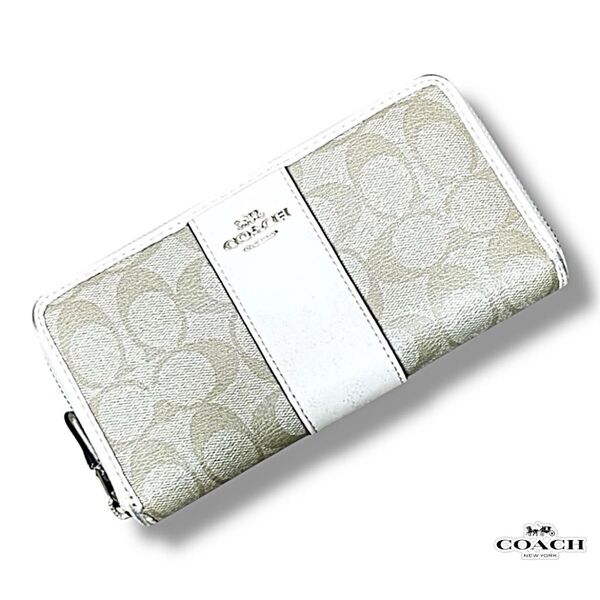 美品 Bランク COACH シグネチャー ラウンドファスナー 長財布 財布 ベージュ レディース ブランド コーチ