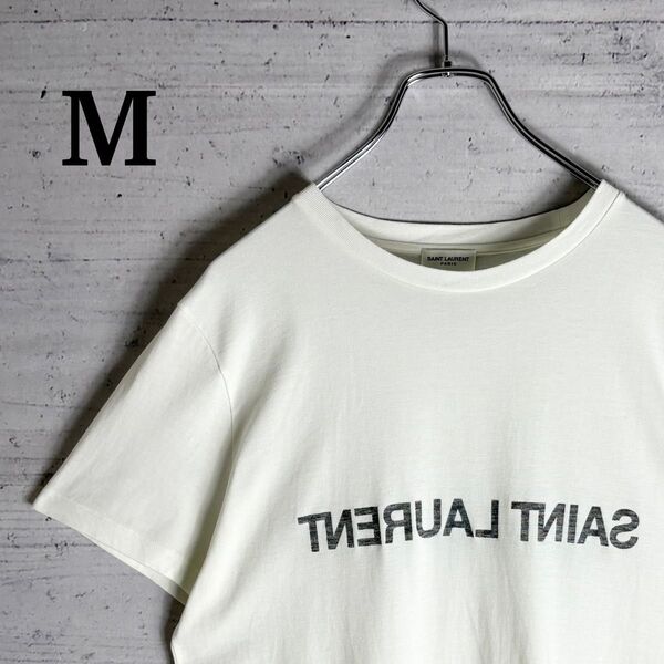 即完モデル サンローラン リバースロゴ Tシャツ ラウンドネック M 両面センターロゴ SAINT LAURENT PARIS