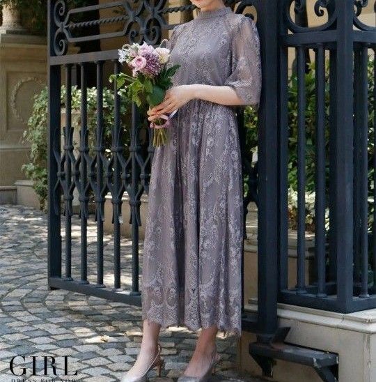 【極美品】GIRL 現行 ハイネック総レースミモレ丈ワンピース ブルーグレー L