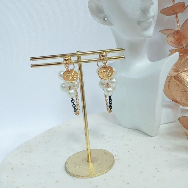ハンドメイド アクセサリー ピアス サージカルステンレス チェーン 1点物 パール系 #169