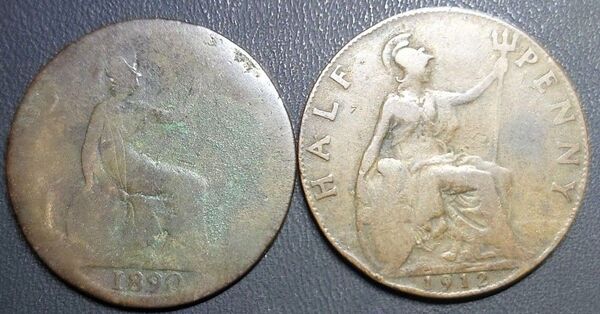 イギリス 1890年・1912年 2枚 ハーフペニー 1/2ペニー 古銭 アンティーク