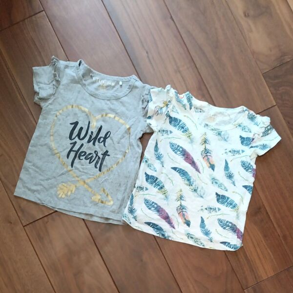 コストコ * 女の子 Tシャツ 2枚セット xs 100 まとめ売り 保育園 ロゴ 総柄 グレー カラフル