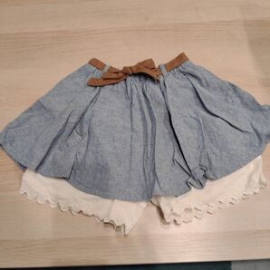 子供服 スカート デニム×レースキュロット リボン付き