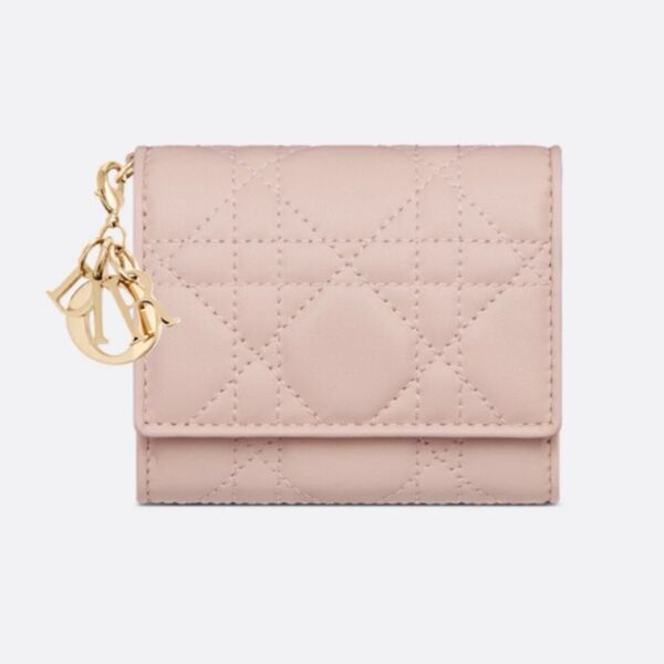 【日本限定】Lady Dior ロータスウォレット カナージュ ラムスキン ピンク&ホワイト ディオール財布