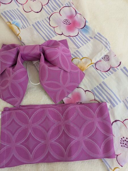 浴衣 花柄 ピンク系 紫系 白地 中古品