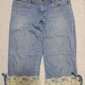 イマージュ IMAGE デニム裾レースリボン付きクロップドパンツ 67cm