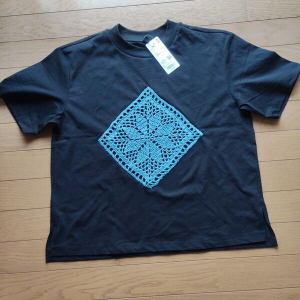 ハンドメイドモチーフ Tシャツ UNIQLOエアリズムコットンT Lサイズ 黒