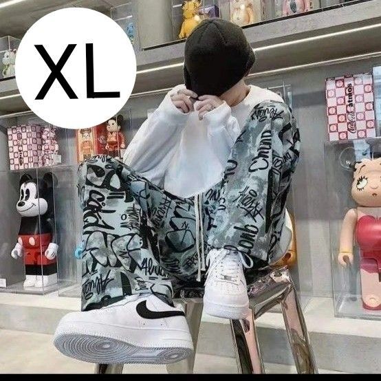 メンズ パンツ 総柄 ストリートXL ブルー系 スエット 部屋着 ダンス 衣装 ゆったり 男性 柔らか生地 ポケット ダンス衣装