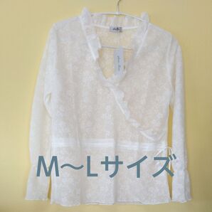 【新品】M~L sheer flora ブラウス ホワイト フリル レース トップス 小花 総柄 日本製 エレガント カシュクール