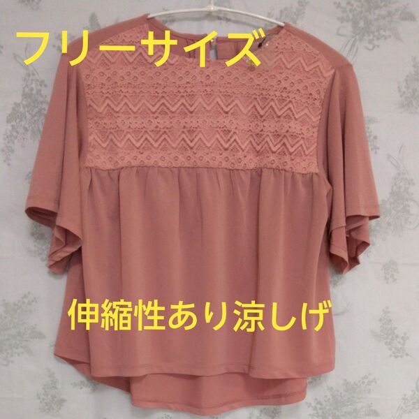 【新品未使用】フリーサイズ ピンク トップス ブラウス 胸元にレース ギャザー 伸縮性あり 後ろボタン オシャレデザイン 涼しげ