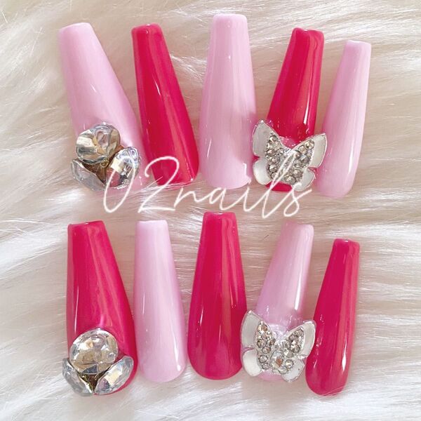 ピンクネイル 春ネイル スプリングネイル 蝶々ネイル ギャルネイル ネイルチップ ロングネイル