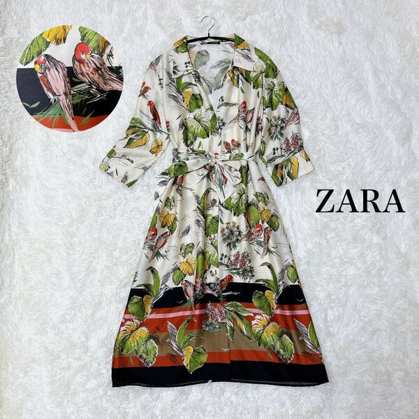 ZARA 南国 ボタニカル バード柄 チュニック ワンピース