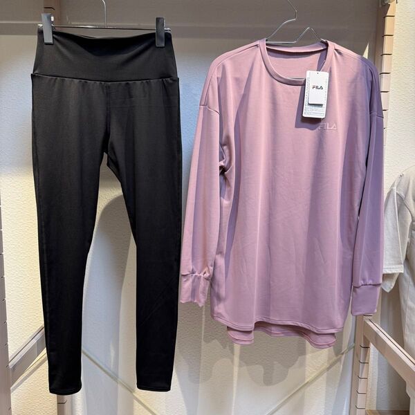 M新品FILAフィラフィットネス2点セットロングTシャツ+レギンスジムヨガジョギングランニングスポーツ水陸両用吸汗速乾UVカット