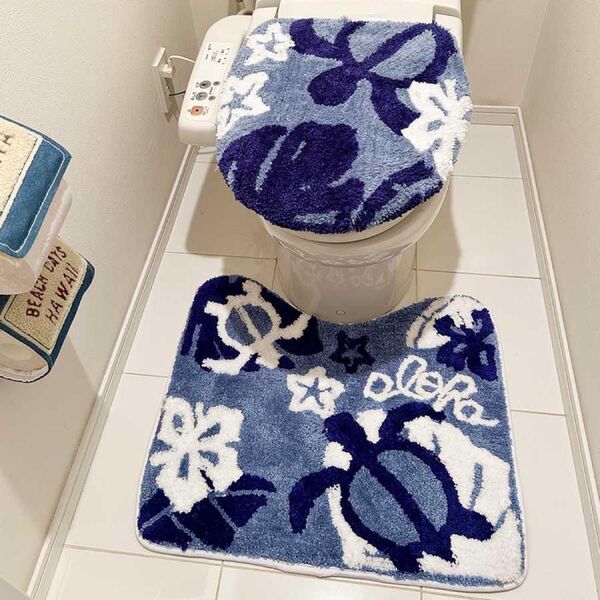 新品タグ付き♪ トイレカバー 2点 セット アロハ ハワイアントイレセットブルー系