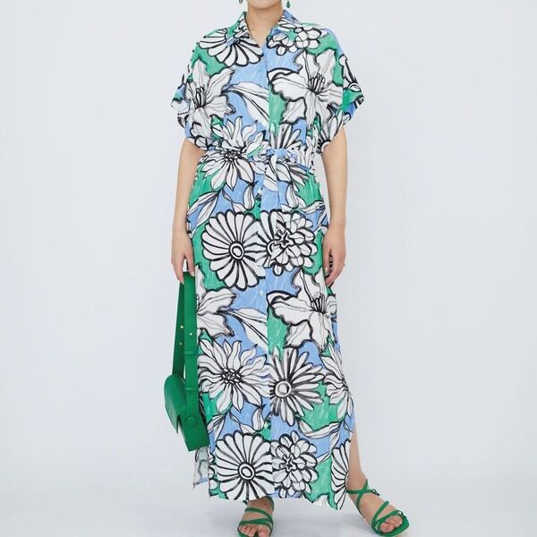 美品 FRNCH フレンチパリス ラインフラワーシャツワンピース 2023SS 花柄 ロングワンピース フレンチスリーブ リボン
