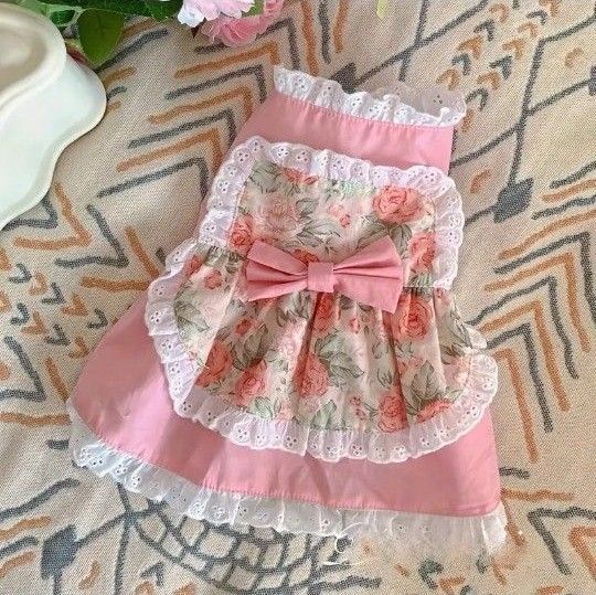 犬服 猫服 ワンピース フリル リボン ピンク 花柄 レース ドッグウェア キャットウェア ペットウェア ペットドレス