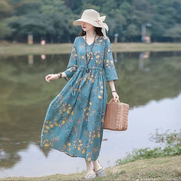 ロングワンピース ワンピース ゆったり ロング プリント 七分袖 花柄 ハイウエスト 大人