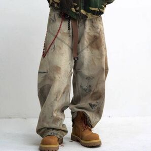 デニム ワイドパンツ ゆったり パンツ ビンテージ風 ヒップホップ ダンス ス b系 大きいサイズ ワークパンツ