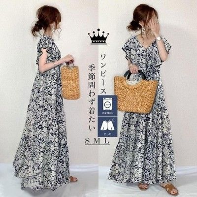 花柄ワンピースワンピロングきれいめ着痩せ上品フレンチスリーブゆったり韓国大人可愛 ふんわり Aラインナチュラルお洒落
