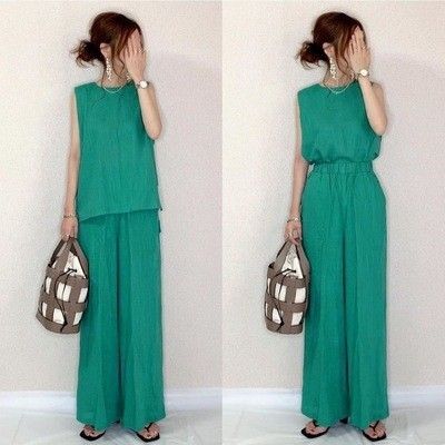 ラスト1点セットアップ ノースリーブ 麻リネンパンツセットグリーン緑きれいめ夏体型カバーF きれいめ ゆったり ワイドパンツ