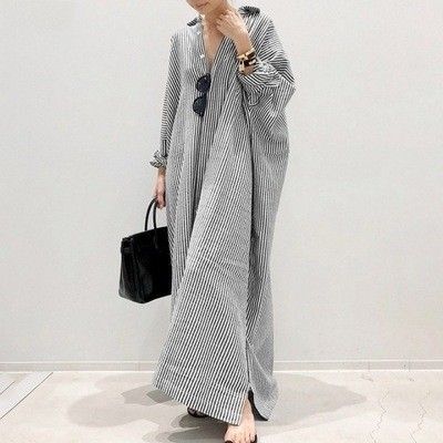 フレアスリーブシャツワンピースロングオーバーサイズストライプXL着痩せ大人可愛い ブラック FREE シンプルなTEEワンピ