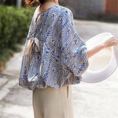 着痩せバックリボンブラウス半袖シャツシフォン花柄総柄トップスきれいめカジュアル ブラウス カットソー 花柄 プルオーバー