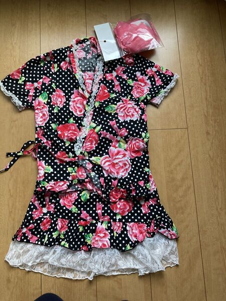 花柄ワンピース ドット柄 レース ピンク リボン130