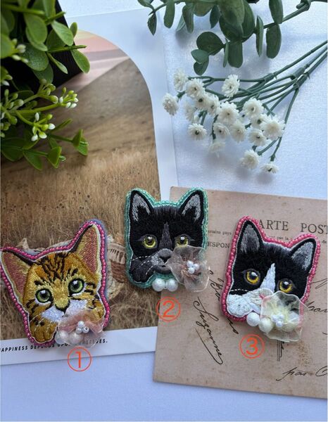 猫刺繍ビーズ ブローチ ハンドメイド ビーズ
